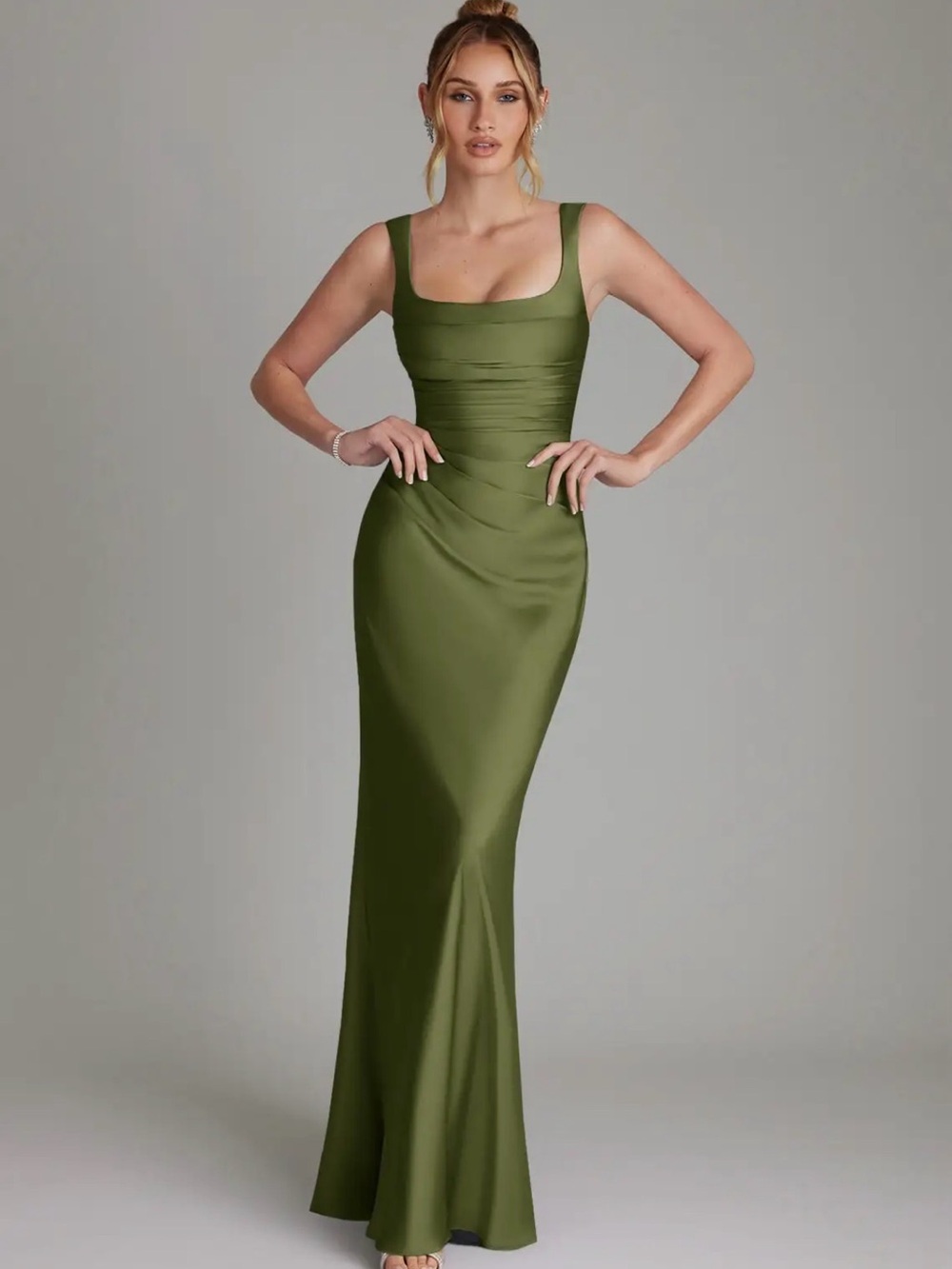Azazie Olive Green Ruched Square-Neck Maxi Dress Augustina